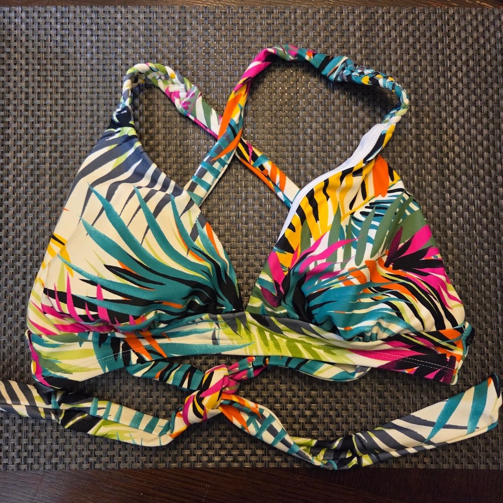 Shade & Shore Tropical Palm Print Braided Cross Back Bikini Top XS Multicolor